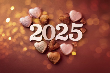 Happy New Year with heart shaped confetti on red background.