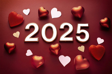 Happy New Year with red and white hearts on a red background