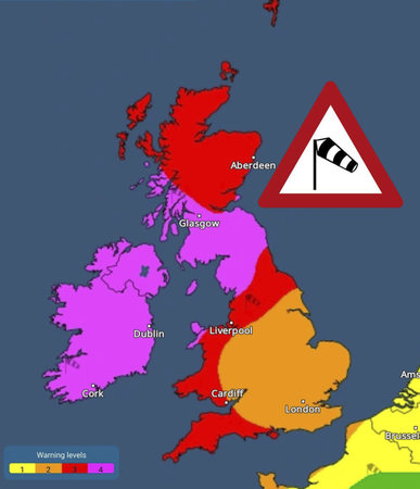 Ireland. UK. Map. Notices. Rain. Torrential rain due to an electrical storm. Flooded. Hail. Heavy rain. 2025. Floods. Hurricane. Storm. Damage. Cyclone. Rain. Tornado.の写真素材