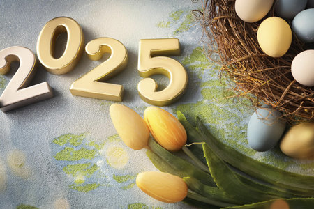 Easter. 2025. Easter landscape, colorful eggs and daisy flower on the meadow under beautiful sky. 3d rendering. With text 2025.の写真素材