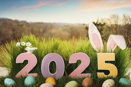 Easter. 2025. Easter landscape, colorful eggs and daisy flower on the meadow under beautiful sky. 3d...