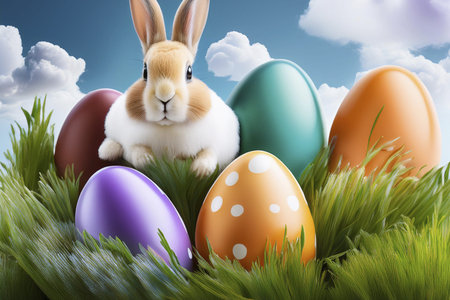 Easter. 2025. Easter landscape, colorful eggs and daisy flower on the meadow under beautiful sky. 3d...