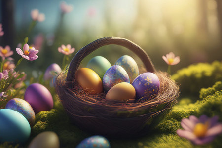 Easter. 2025. Easter landscape, colorful eggs and daisy flower on the meadow under beautiful sky. 3d...