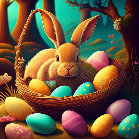 Easter. 2025. Easter landscape, colorful eggs and daisy flower on the meadow under beautiful sky. 3d...