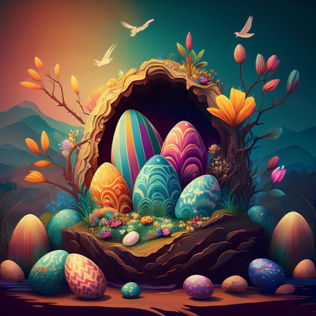 Easter. 2025. Easter landscape, colorful eggs and daisy flower on the meadow under beautiful sky. 3d rendering. With text 2025.の写真素材