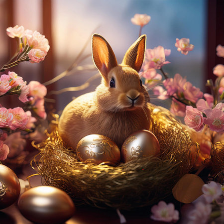 Easter. 2025. Easter landscape, colorful eggs and daisy flower on the meadow under beautiful sky. 3d...