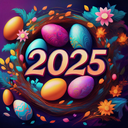 Easter. 2025. Easter landscape, colorful eggs and daisy flower on the meadow under beautiful sky. 3d...