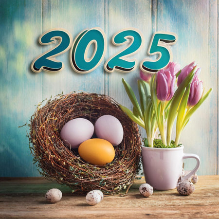 Easter landscape, colorful eggs and daisy flower on the meadow under beautiful sky. 3d rendering.