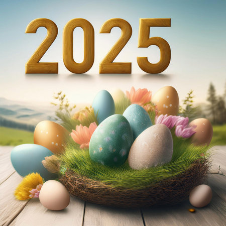 Easter. 2025. Easter landscape, colorful eggs and daisy flower on the meadow under beautiful sky. 3d...
