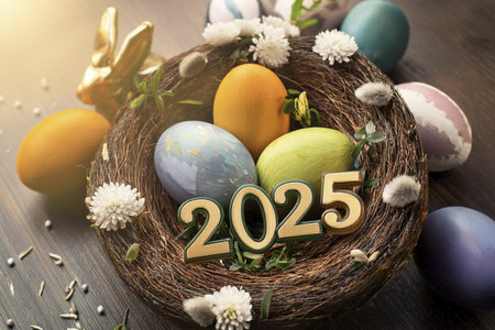 Easter eggs in nest with flowers on wooden background, closeup
