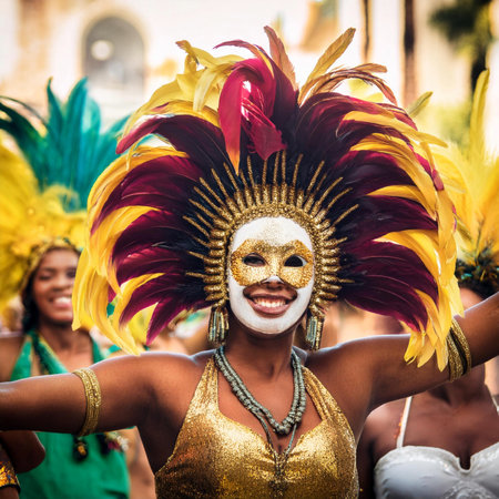 Carnival. 2025. Carnival, performance and woman with samba for dance, parade and event in Brazil. Happiness, female dancer and celebration in the city with creative fashion, confetの写真素材