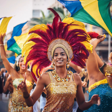 Carnival. 2025. Carnival, performance and woman with samba for dance, parade and event in Brazil. Happiness, female dancer and celebration in the city with creative fashion, confetの写真素材