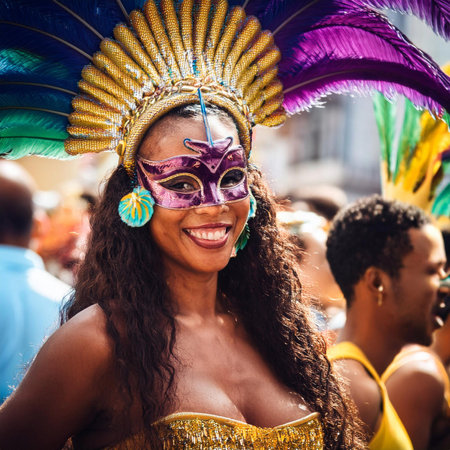 Carnival. 2025. Carnival, performance and woman with samba for dance, parade and event in Brazil. Happiness, female dancer and celebration in the city with creative fashion, confetの写真素材