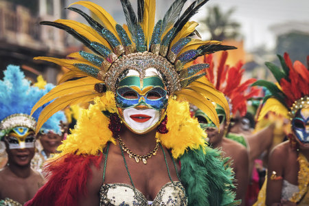 Carnival. 2025. Carnival, performance and woman with samba for dance, parade and event in Brazil. Happiness, female dancer and celebration in the city with creative fashion, confetの写真素材