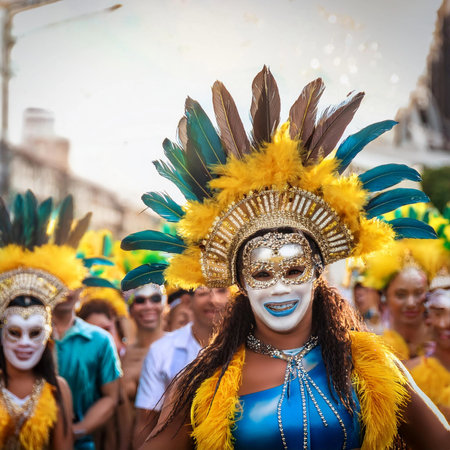 Carnival. 2025. Carnival, performance and woman with samba for dance, parade and event in Brazil. Happiness, female dancer and celebration in the city with creative fashion, confetの写真素材