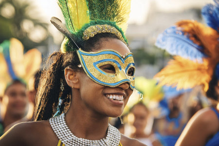 Carnival. 2025. Carnival, performance and woman with samba for dance, parade and event in Brazil. Happiness, female dancer and celebration in the city with creative fashion, confetの写真素材