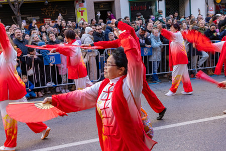 Happy Chinese New Year. 2025. Chinese lion dance performance on the streets. Chinese lion costumes...