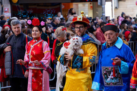 Happy Chinese New Year. Chinese lion dance performance on the streets. Chinese lion costumes during...