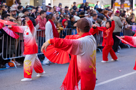 Happy Chinese New Year. Chinese lion dance performance on the streets. Chinese lion costumes during Chinese New Year celebration in China. celebrations concept.の写真素材