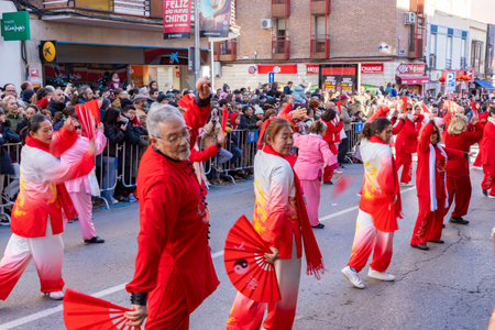 Happy Chinese New Year. 2025. Chinese lion dance performance on the streets. Chinese lion costumes during Chinese New Year celebration in China. celebrations concept.の写真素材