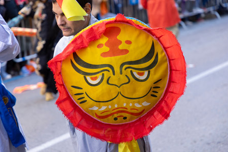 Happy Chinese New Year. 2025. Chinese lion dance performance on the streets. Chinese lion costumes during Chinese New Year celebration in China. celebrations concept.の写真素材