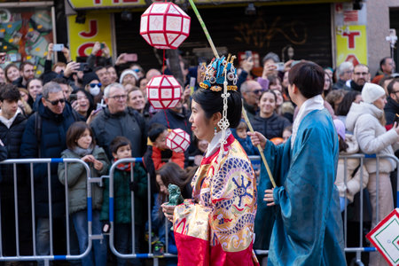 Happy Chinese New Year. 2025. Chinese lion dance performance on the streets. Chinese lion costumes during Chinese New Year celebration in China. celebrations concept.の写真素材