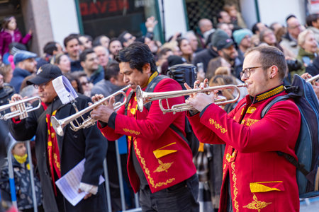 Happy Chinese New Year. 2025. Chinese lion dance performance on the streets. Chinese lion costumes during Chinese New Year celebration in China. celebrations concept.の写真素材