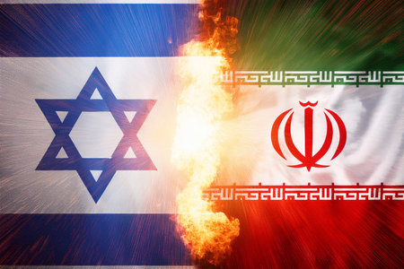 Israel and Iran face off in a conflict that intensifies with attacks launched from Tel Aviv and Herzliya, generating regional and international concernの写真素材