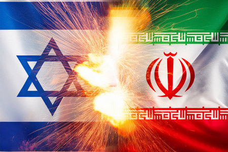 Iran vs Israel, fireworks fight concept. Combination of two states flagsの写真素材