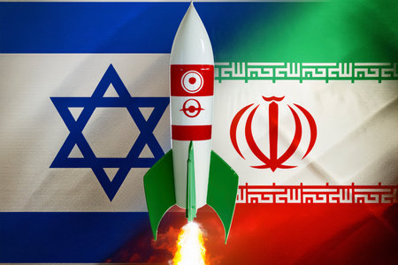 Iran flag with rocket on the background. Concept of success in business.の写真素材