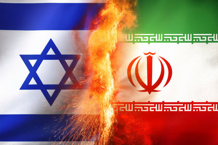 Fire flames against the background of the Iran and Israeli flags. Global warming conceptの写真素材