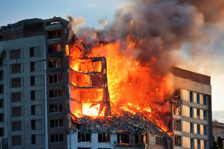 Israel and Iran clash in a conflict affecting civilians in Tel Aviv and Herzliya, with destroyed buildingsの写真素材