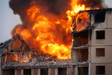 Destroyed buildings due to violence and attacksの写真素材