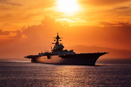 Aircraft carrier on sea over sunset.の写真素材