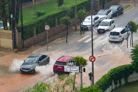 Floods in Spain caused by intense rain storm and DANA. Torrential rain and storm cause flooding in several regions. July 2025の写真素材