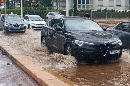 Floods in Spain caused by intense rain storm and DANA. Torrential rain and storm cause flooding in several regions. July 2025の写真素材
