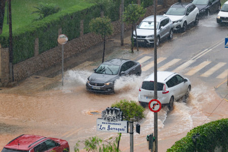 Floods in Spain caused by intense rain storm and DANA. Torrential rain and storm cause flooding in several regions. July 2025の写真素材