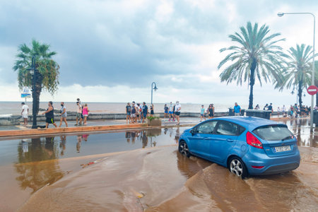 Floods in Spain caused by intense rain storm and DANA. Torrential rain and storm cause flooding in several regions. July 2025の写真素材