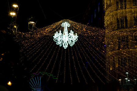 Stunning view of the Christmas lights in Vigo, Galicia, Spain. Streets, squares, and trees are...