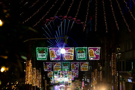 Stunning view of the Christmas lights in Vigo, Galicia, Spain. Streets, squares, and trees are...