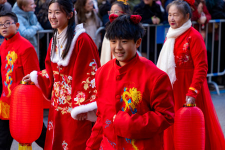 Chinese citizens celebrating Lunar New Year in the streets during public festivities marking the Year of the Horse in 2026. Cultural tradition and community event.のeditorial素材