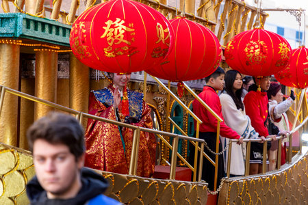 Chinese citizens celebrating Lunar New Year in the streets during public festivities marking the...