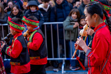 Chinese citizens celebrating Lunar New Year in the streets during public festivities marking the...