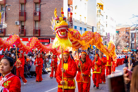 Chinese citizens celebrating Lunar New Year in the streets during public festivities marking the...