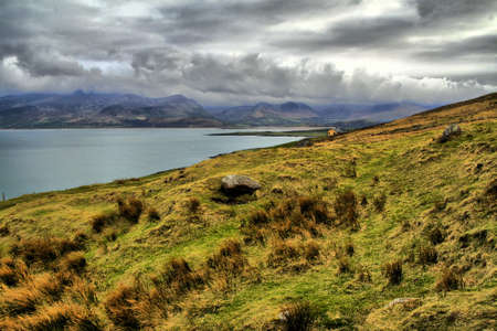 Typical Irish landscape on windy day in Dingle peninsula, Brandon headの写真素材