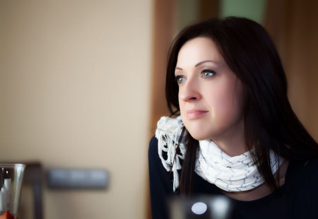 Portrait of adult woman natural looking thoughtfullの写真素材