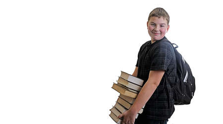 Happy student child going back to school from libraryの写真素材