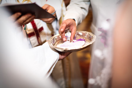 Moment of wedding ceremony in church closeup