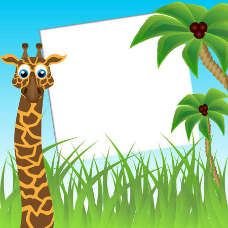Children s photo framework  Funny giraffe on background of palm treesの写真素材