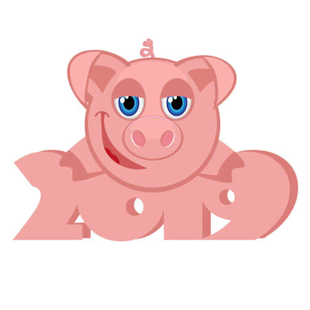 Happy New Year 2019 with cartoon pigsのイラスト素材
